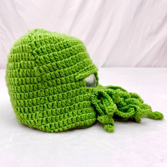 Handmade Knit Cthulhu Mask/Hat Green w/Tentacles & Eye Holes - Picture 3 of 6